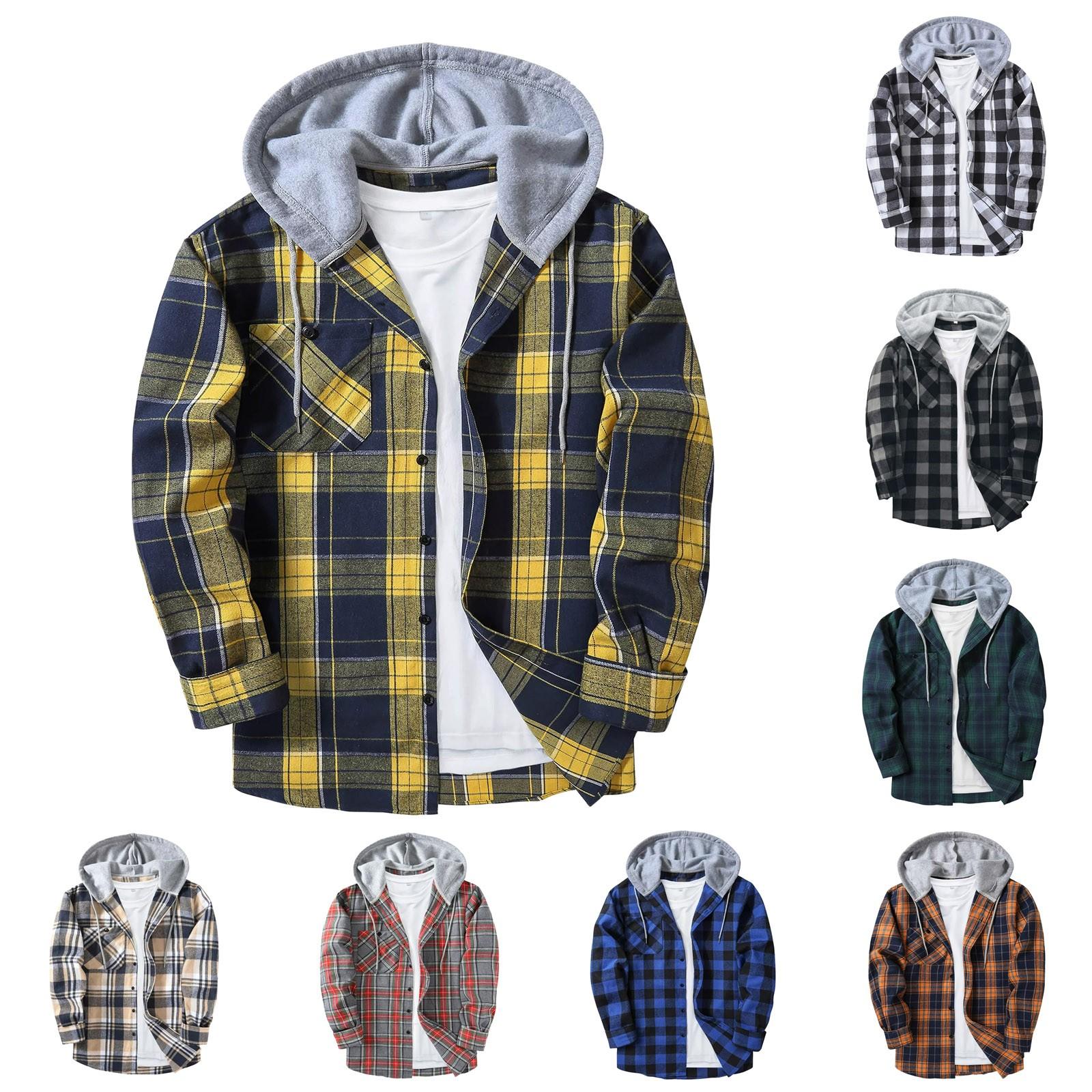 77Factoryz Men's Plaid Shirt Hooded Button Sweatshirt Men's Casual Fashion Sweatshirt