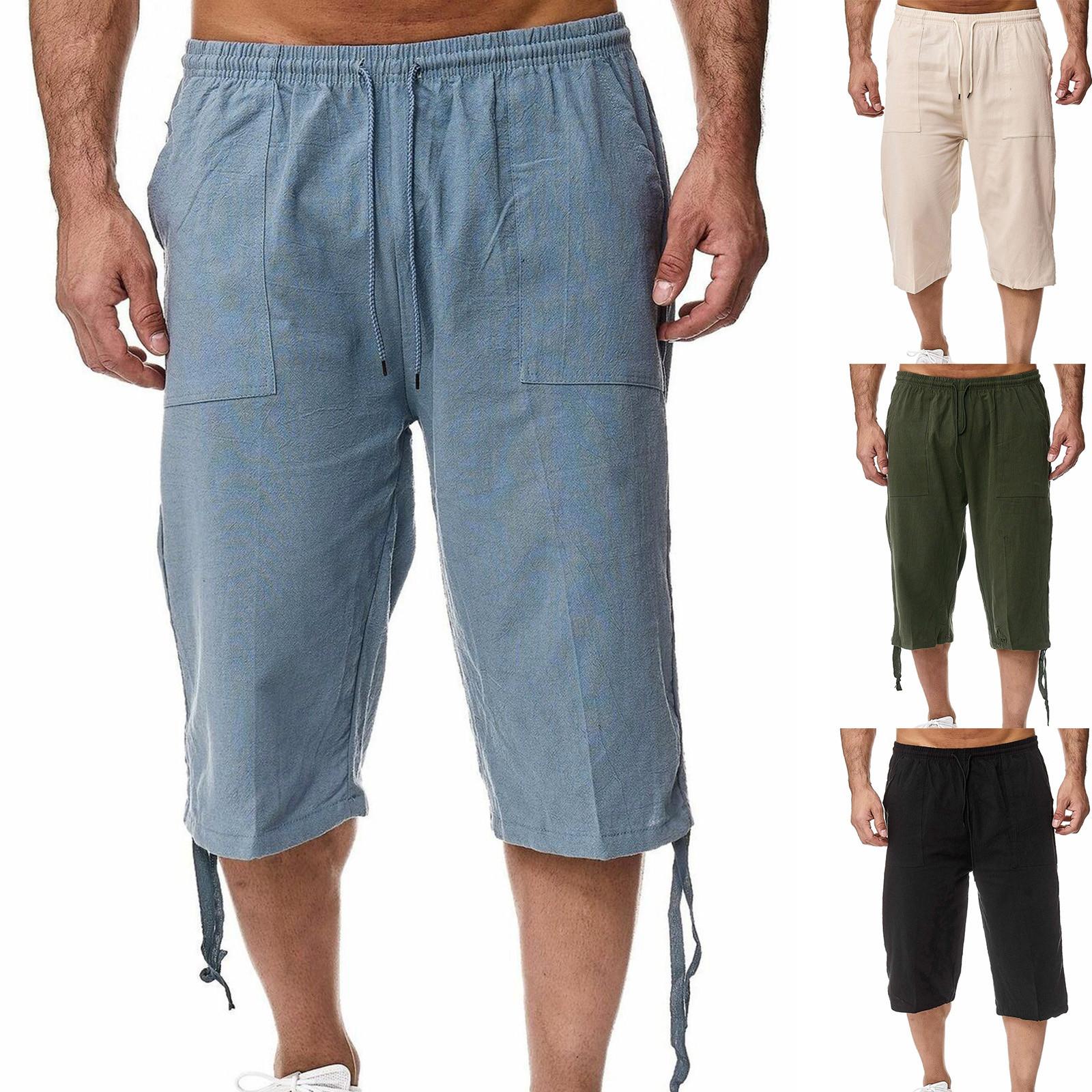 Mei hua Mannen Casual losse katoenen linnen broek elastische strand shorts effen kleur katoen linnen cropped broek