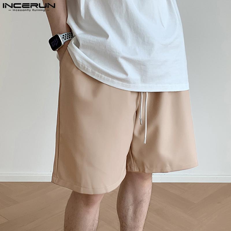 INCERUN Herenmode lederen shorts met elastische taille en trekkoord. Lederhosen-broek