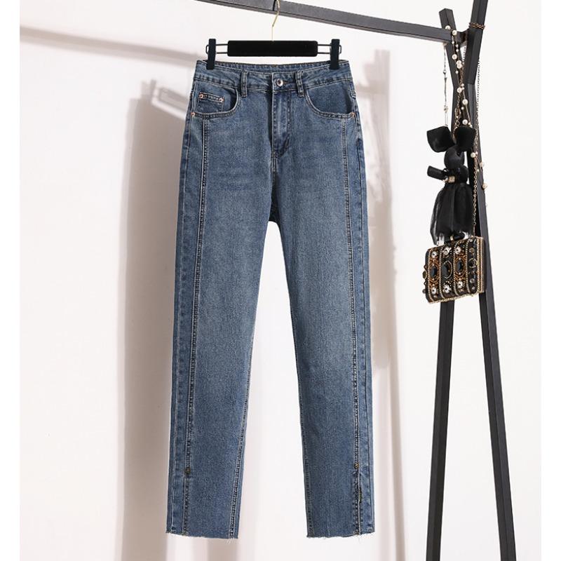 Dimanaf 2024 Plus Size Summer Jeans Long Pants Women Elastic Loose Casual Female Basic Straight Full Length Trousers Blue