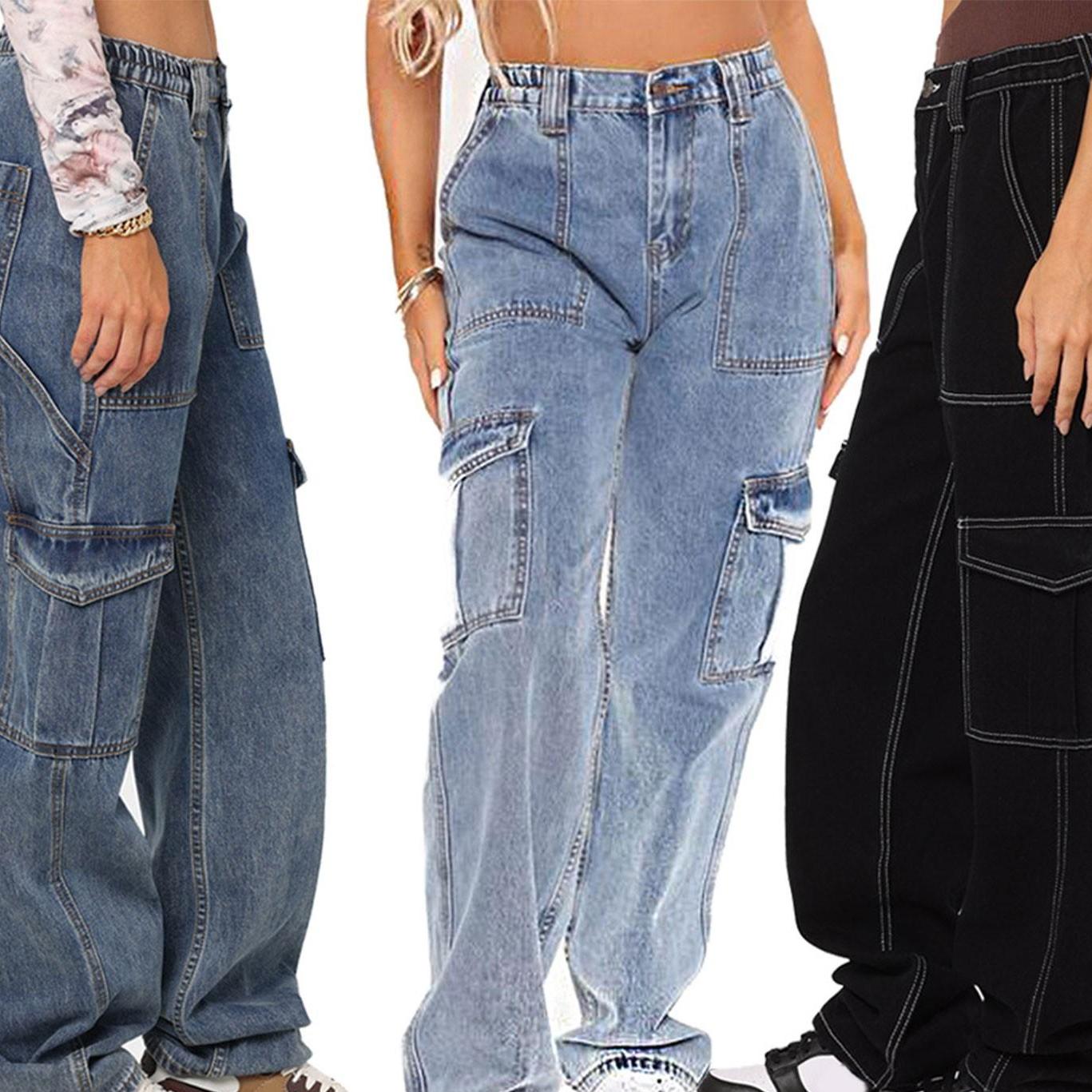 KM83CG Dames rechte losse broek met wijde pijpen, cargo jeans met meerdere zakken, casual jeans voor dames