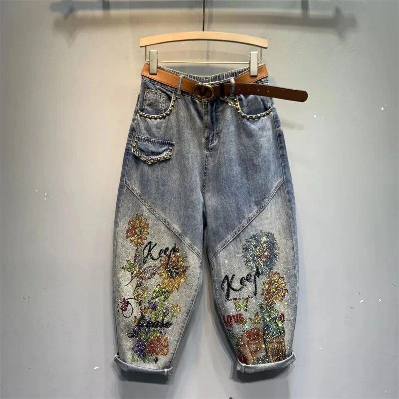 Ki Wi European Spring Summer Ladies Printed Diamond Denim Harem Pants Women's Fashion Streetwear Elastic Waist Daddy Jeans