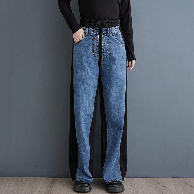 Kung Fu Tea Herfst Winter Casual losse dames patchwork jeans
