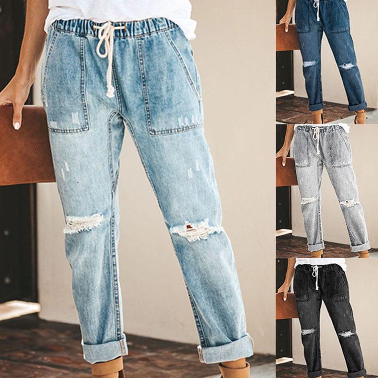 Zhuoneng Clothing Nieuwe zomer sexy temperament denim rechte broek elastische grote maat damesjeans jeans gat jeans
