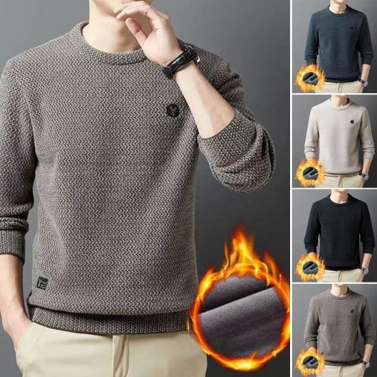 Yunzhu Fall Winter Men Sweater Round Neck Thick Warm Knitted Solid Color Elastic Pullover Soft Men Daily Sweater