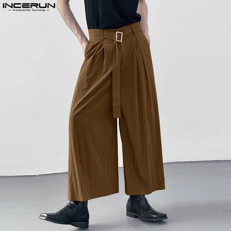 INCERUN Heren hoge taille broek effen kleur wijde pijpen casual broek