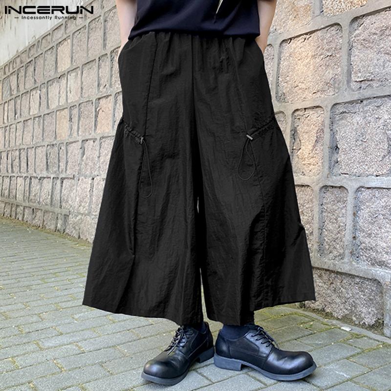 INCERUN Heren elastische taille gotische streetwear cropped broek met wijde pijpen