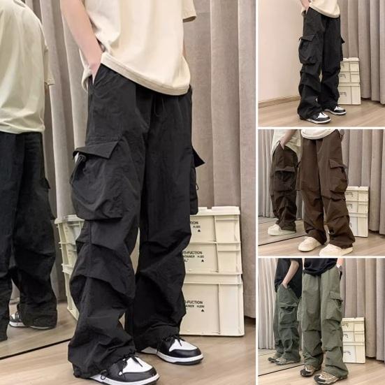 Western Cool Men Men Cargo Pants Multi Pockets Solid Color Loose Deep Crotch High Street Hip Hop Elasic Waist Full Length Men Long Trousers
