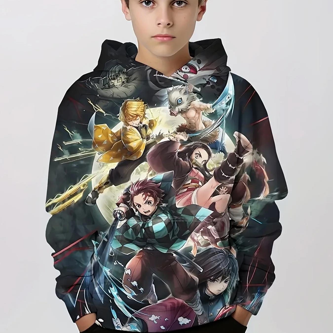 ETST 07 Anime Pattern 3d Print Boys Casual Hooded Pullover Hooded Long Sleeve Sweatshirt For Spring Fall Kids Hoodies Outdoor Tops
