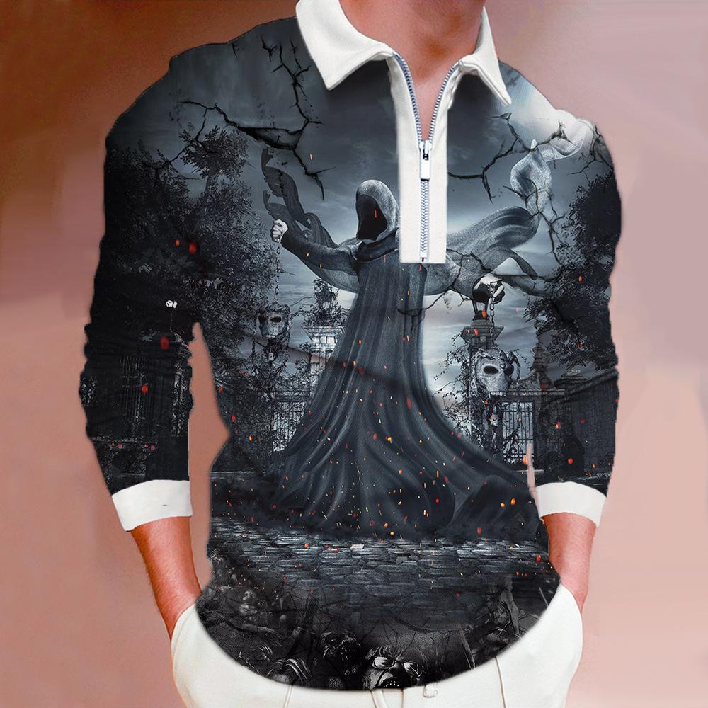 3D Custom Clothing Polo Shirts Men Long Sleeve Fashion Terror Witch Print New Men's Polo Shirt Long Sleeve Zipper T-shirt Top