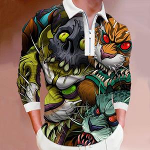 3D Custom Clothing Poloshirts Heren Lange mouw Mode Veelkleurige Tijgerprint Nieuwe herenpoloshirt Lange mouw Rits T-shirt Top