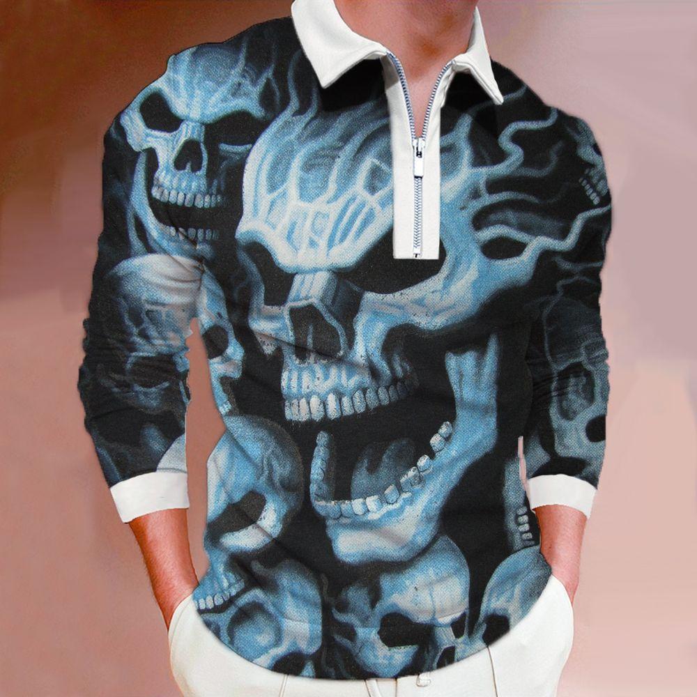 3D Custom Clothing Polo Shirts Men Long Sleeve Fashion Blue Textured Skull Print New Men's Polo Shirt Long Sleeve Zipper T-shirt Top
