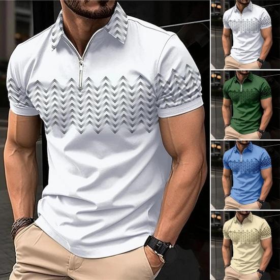 Kaileflf Men Summer Top Zipper Turn-down Collar Short Sleeves Pullover Slim Fit Color Matching Soft Breathable Sweat-absorption Men Casual Shirt