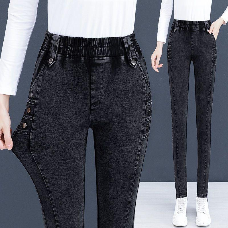 XK22GD Zwarte stretch jeans dames lente herfst mode zijknop elastische hoge taille skinny jeans vrouw casual slanke denim potloodbroek