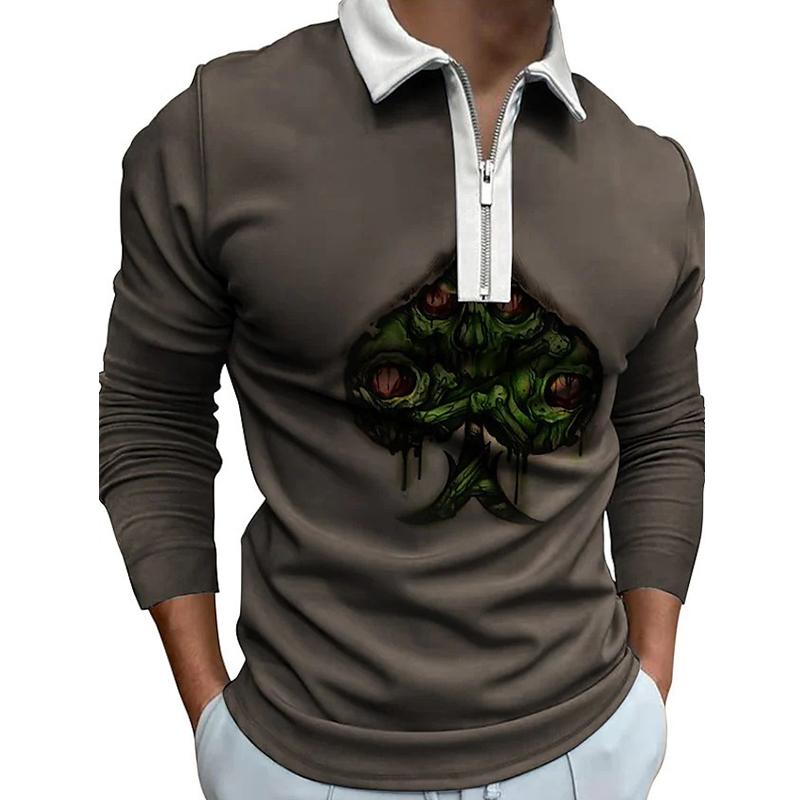3D Custom Clothing Polo Shirts Men Long Sleeve Fashion Heart-shaped Green Tree Print New Men's Polo Shirt Long Sleeve Zipper T-shirt Top