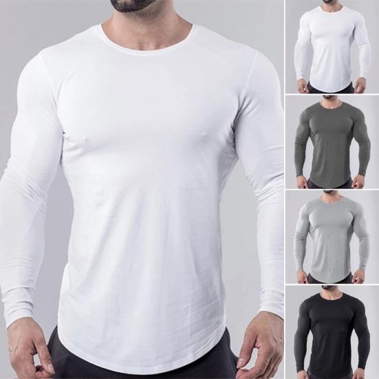 Guannuotong Men Sweatshirt Top Round Neck Long Sleeve Solid Color Sweat-Absorption Quick Dry Bodybuilding Fitness Shirt