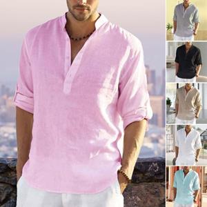 Selling Clothing V-Neck Buttons Half Placket Long Sleeve Men Shirt Solid Color Loose Casual T-Shirt