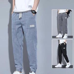 Cozyoutfit Jeans Heren Koreaanse lente en zomer loszittend bindend label Casual modetrend cropped broek