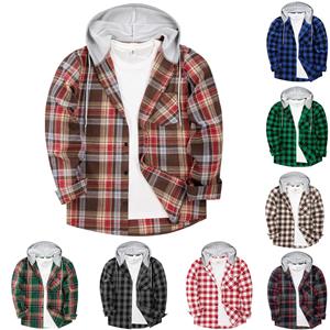 Bright girl 2024 New Spring oversized men's loose casual long sleeved hooded plaid shirt