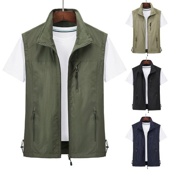 Selling Clothing Lapel Sleeveless Vest Coat Multiple Pockets Zipper Placket Waterproof Men Cargo Mountaineering Waistcoat