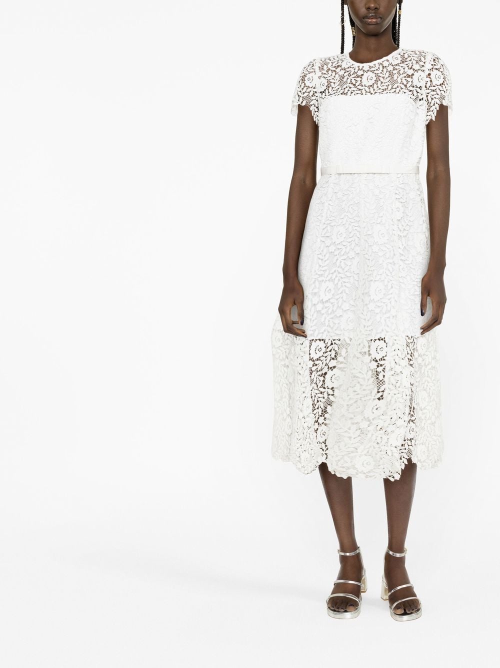 Self-Portrait Midi-jurk met bloemenkant - Wit