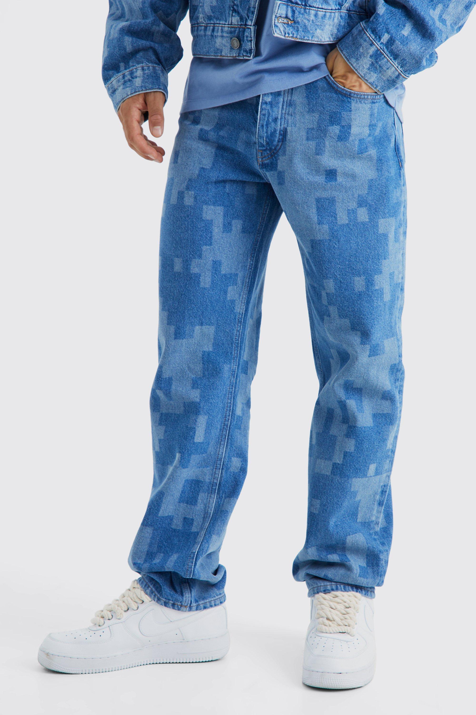Boohoo Onbewerkte Camouflage Print Laser Print Jeans, Mid Blue