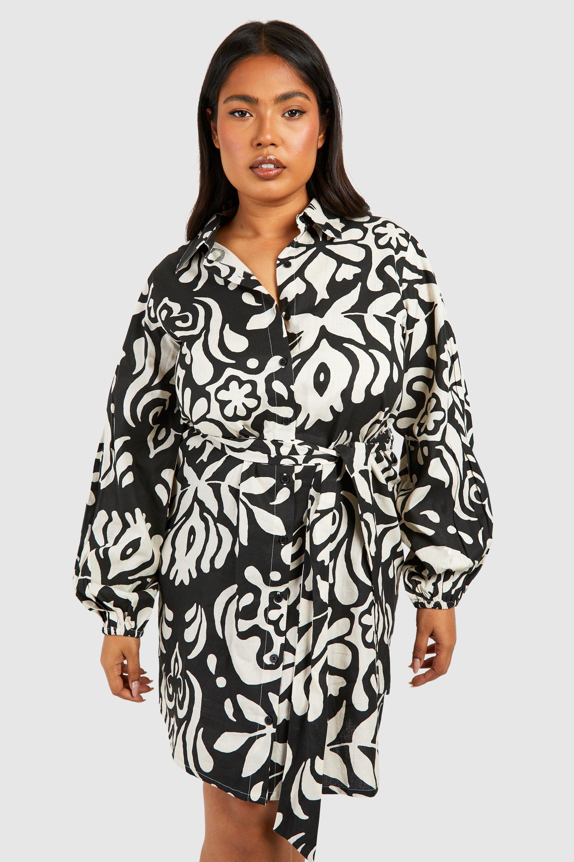 Boohoo Plus Linen Feel Abstract Print Belted Shirt Dress, Mono