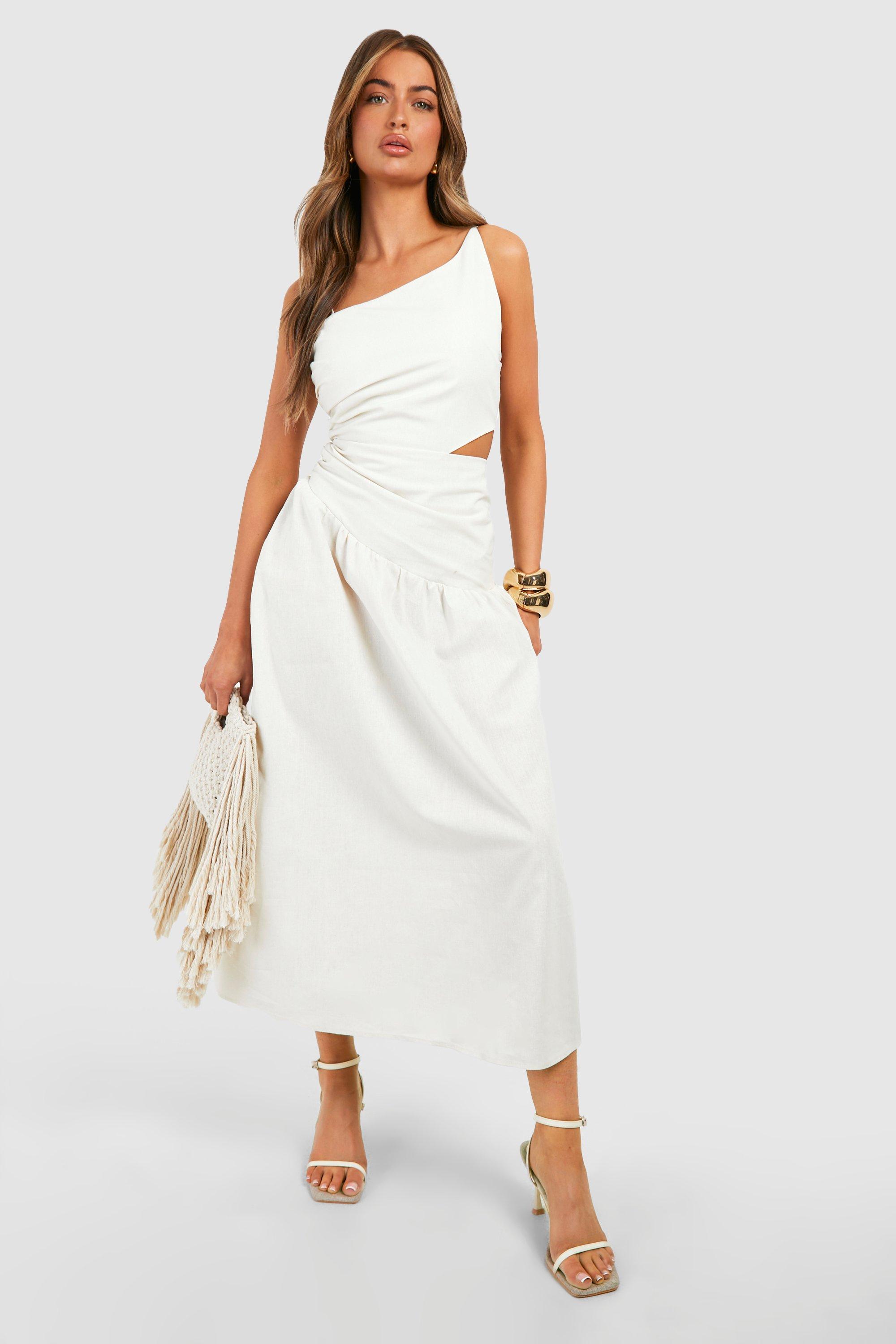Boohoo Linen Cut Out Asymmetric Midaxi Dress, Ivory