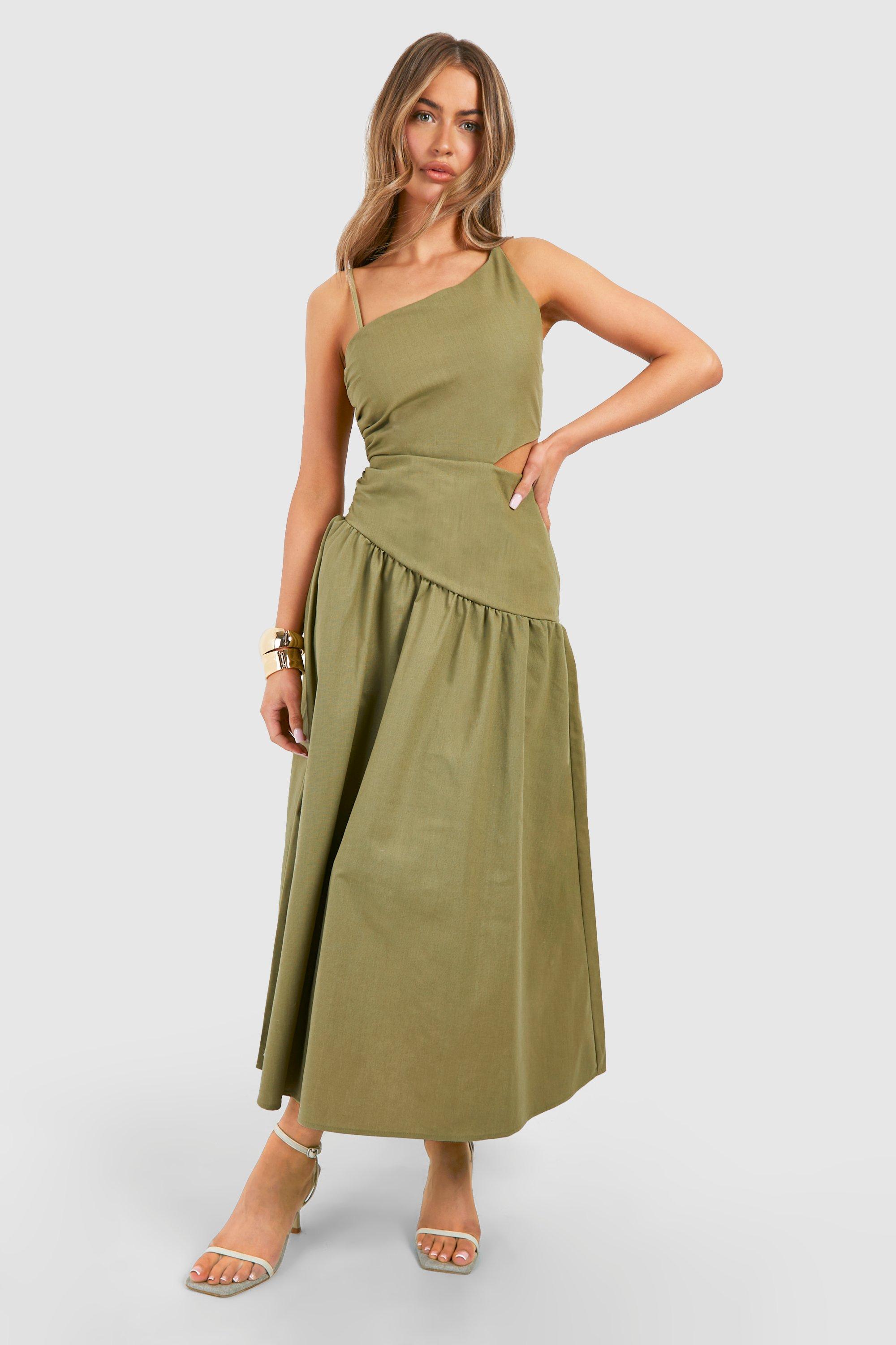 Boohoo Linen Cut Out Asymmetric Midaxi Dress, Olive