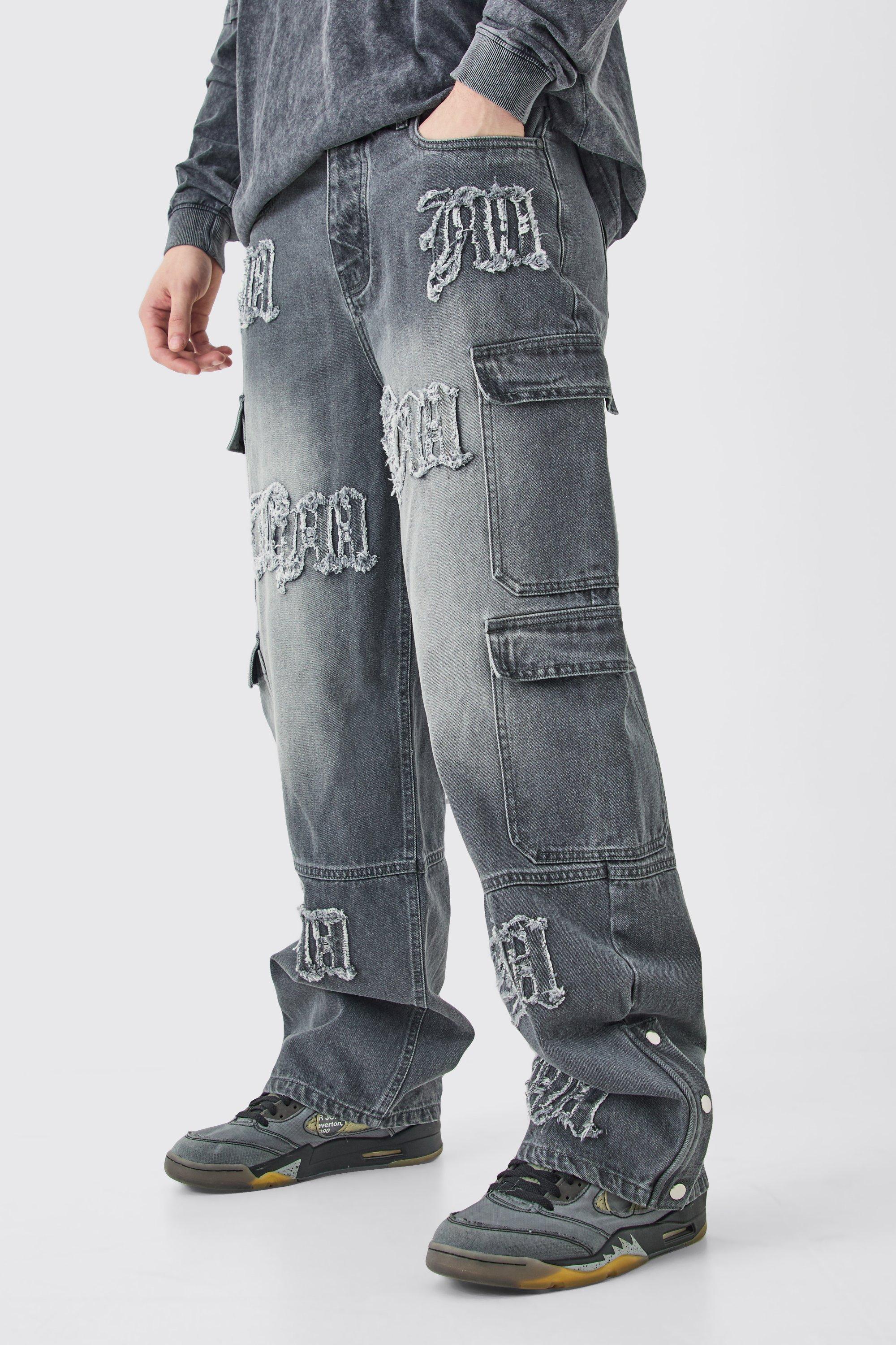 Boohoo Tall Baggy Rigid Bm Applique Multi Pocket Cargo Jeans, Grey