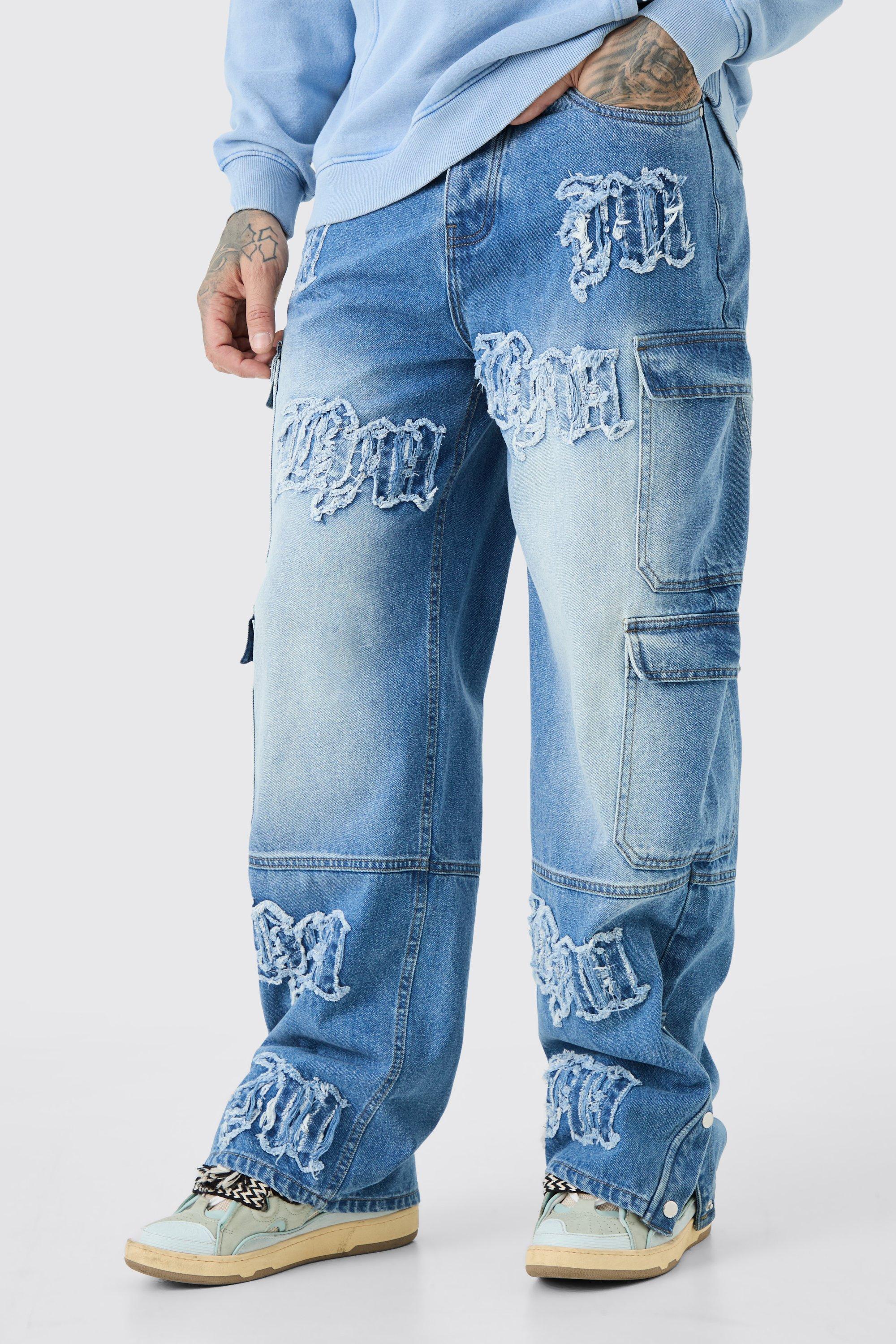 Boohoo Tall Baggy Rigid Bm Applique Multi Pocket Cargo Jeans, Light Blue