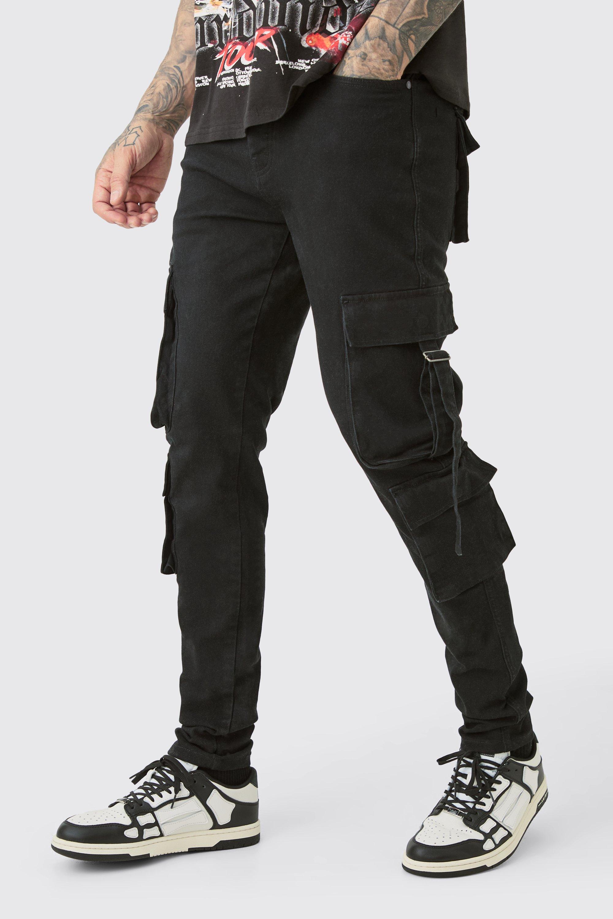 Boohoo Tall Zwarte Stretch Skinny Jeans Met Cargo Zak Detail, True Black