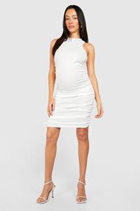 Boohoo Maternity Ribbed Racer Neck Ruched Side Mini Dress, Cream