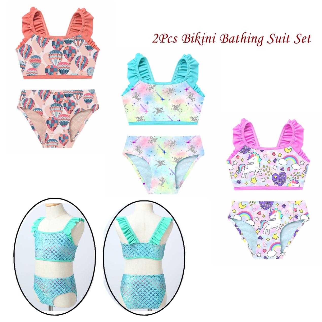 IEFiEL Kids Girls 2PCS Tankini Ruffled Shoulder Straps Printed Crop Top with Bottoms Hawaii Set Bikini Swimwear