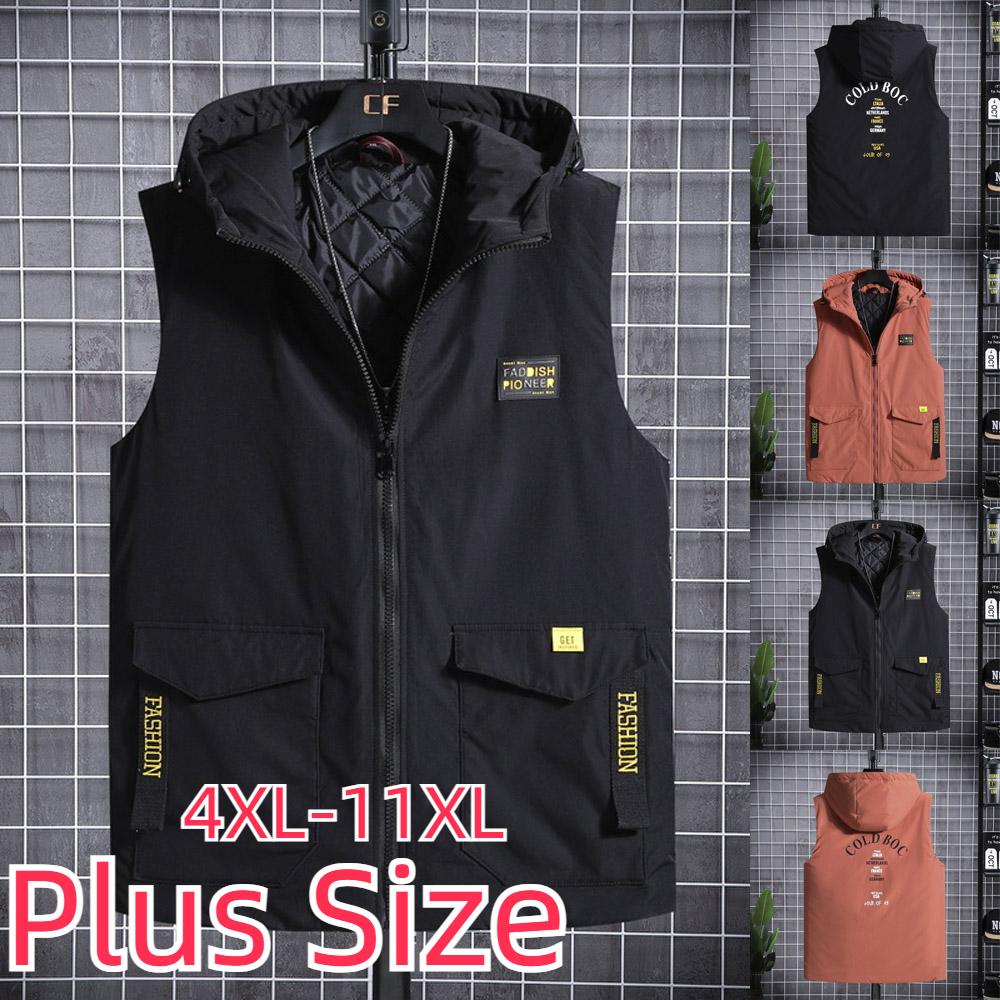 Biteman Autumn Men's Casual Vest Plus Size Loose Hooded Solid Color Work Vest 4XL-11XL