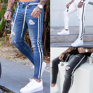 HU5RN Mannen Skinny Jeans Biker Vernietigd Verzwakte Fit Denim Ripped Side Streep Potlood Broek Hip Hop Streetwear Jeans S-4XL