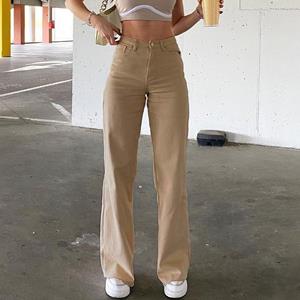 YPretty-Jewelry Effen kleur jeans Dames losse en slanke rechte broek met hoge taille
