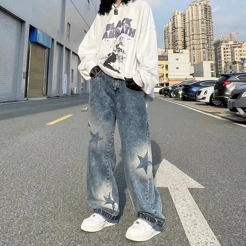 Super maller Oversized gewassen sterrenpatroon baggy jeans High Street losse rechte Y2K jeans zomer casual straat hiphop damesjeans