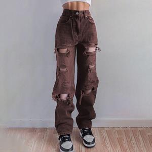 XK22GD Bruin gescheurde vintage vrouw noodlijdende jeans streetwear gat hiphop hoge taille broek mode rechte denim broek dames