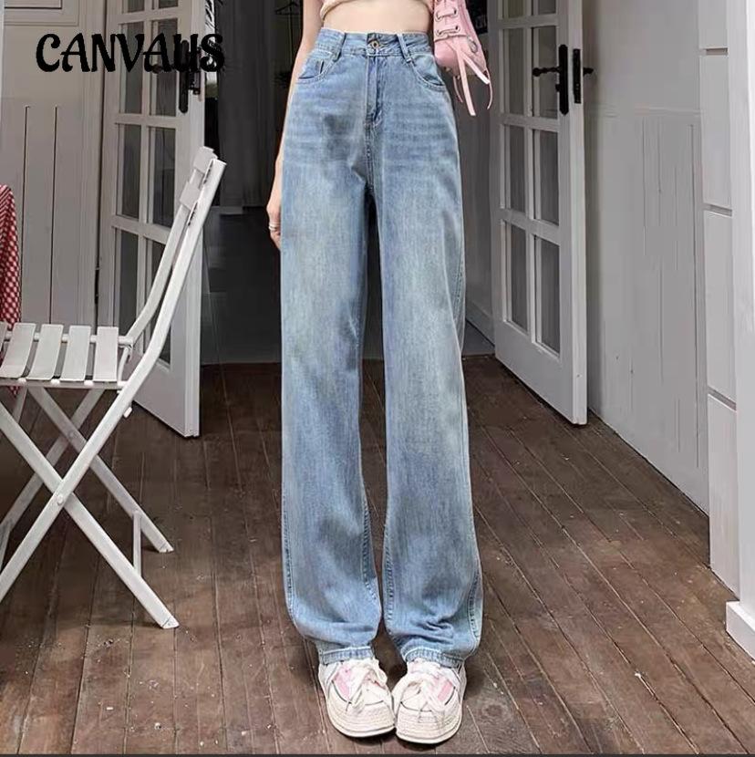 CANVAUS Rechte jeans Dameslente- en zomerbroek met hoge taille, dunne, losse sleepbroek met wijde pijpen