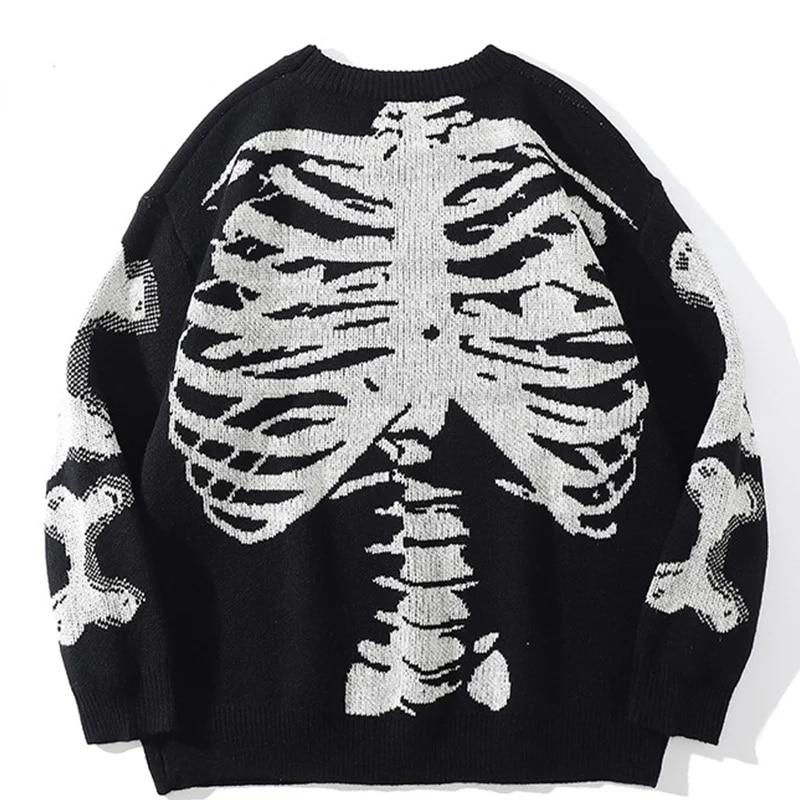 NICE2CU Men Oversized Sweater Black Loose Skeleton Bone Print Vintage Retro Knitted Sweater Autumn Cotton Pullover Unisex