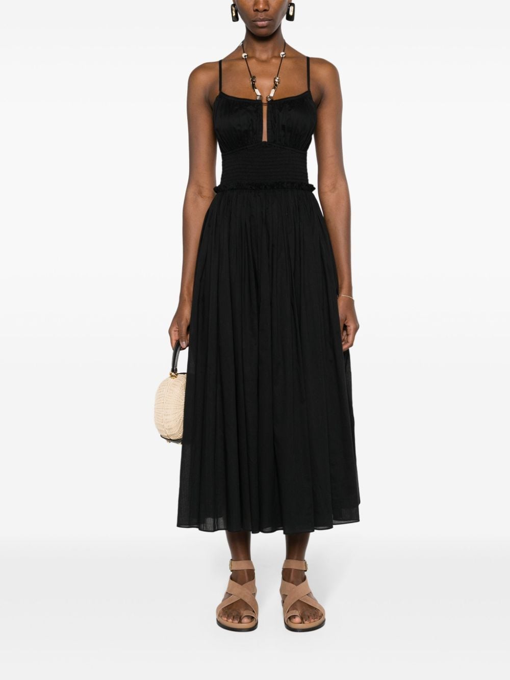 Maje Midi-jurk met gesmockte taille - Zwart