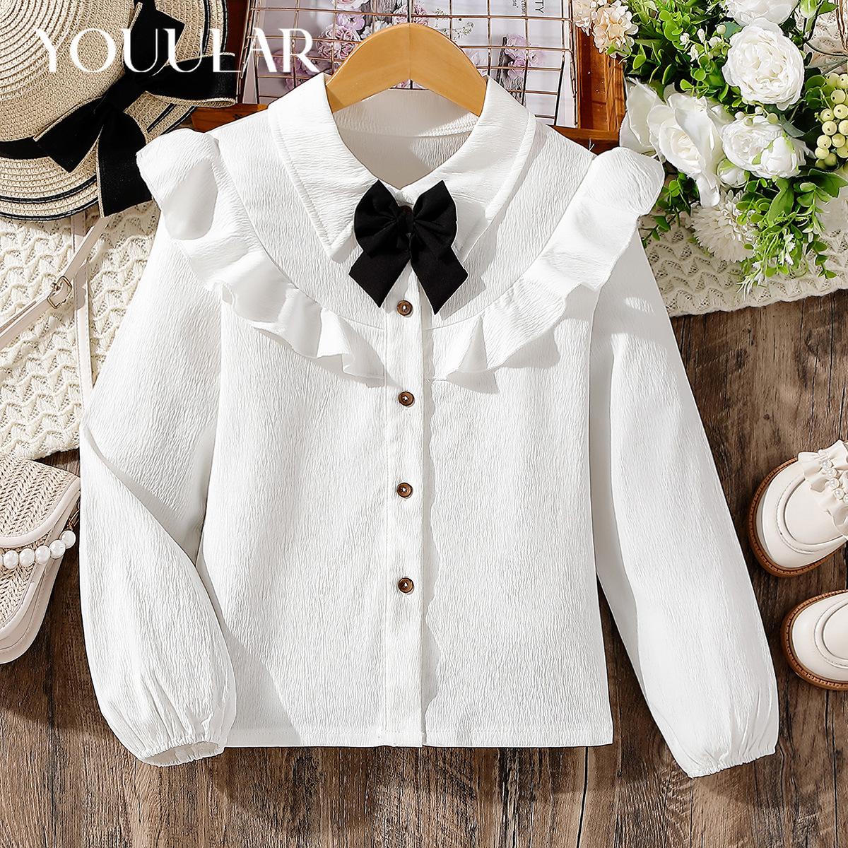 SUPER BABY1 Witte blouse voor grote meisjes Ruche mouwen Tops Zwarte strikoverhemden Meisjes tienerkleding Schooluniform Herfst witte tops