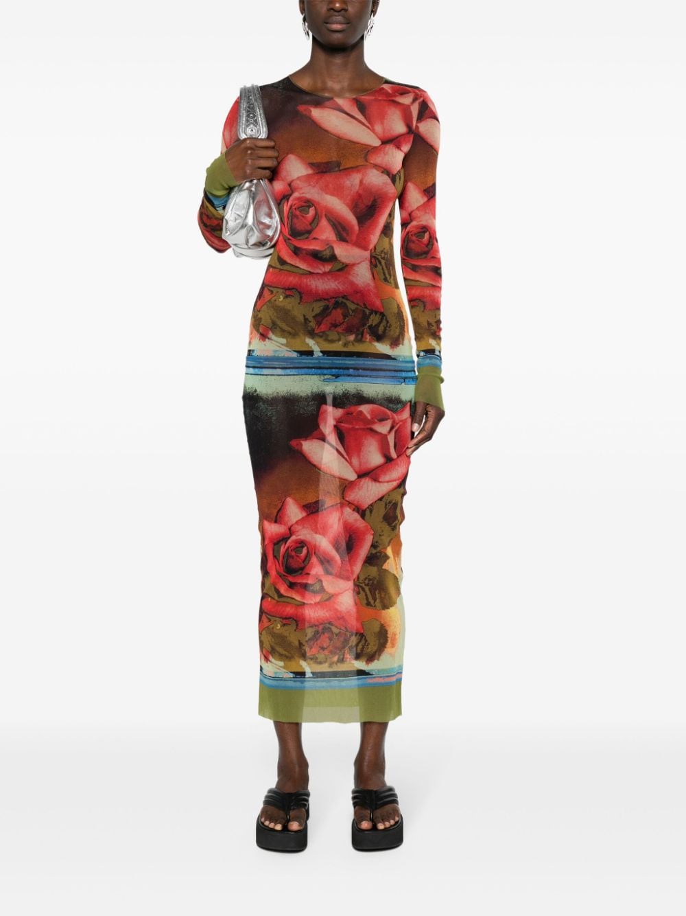 Jean Paul Gaultier Midi-jurk met roosprint - Groen