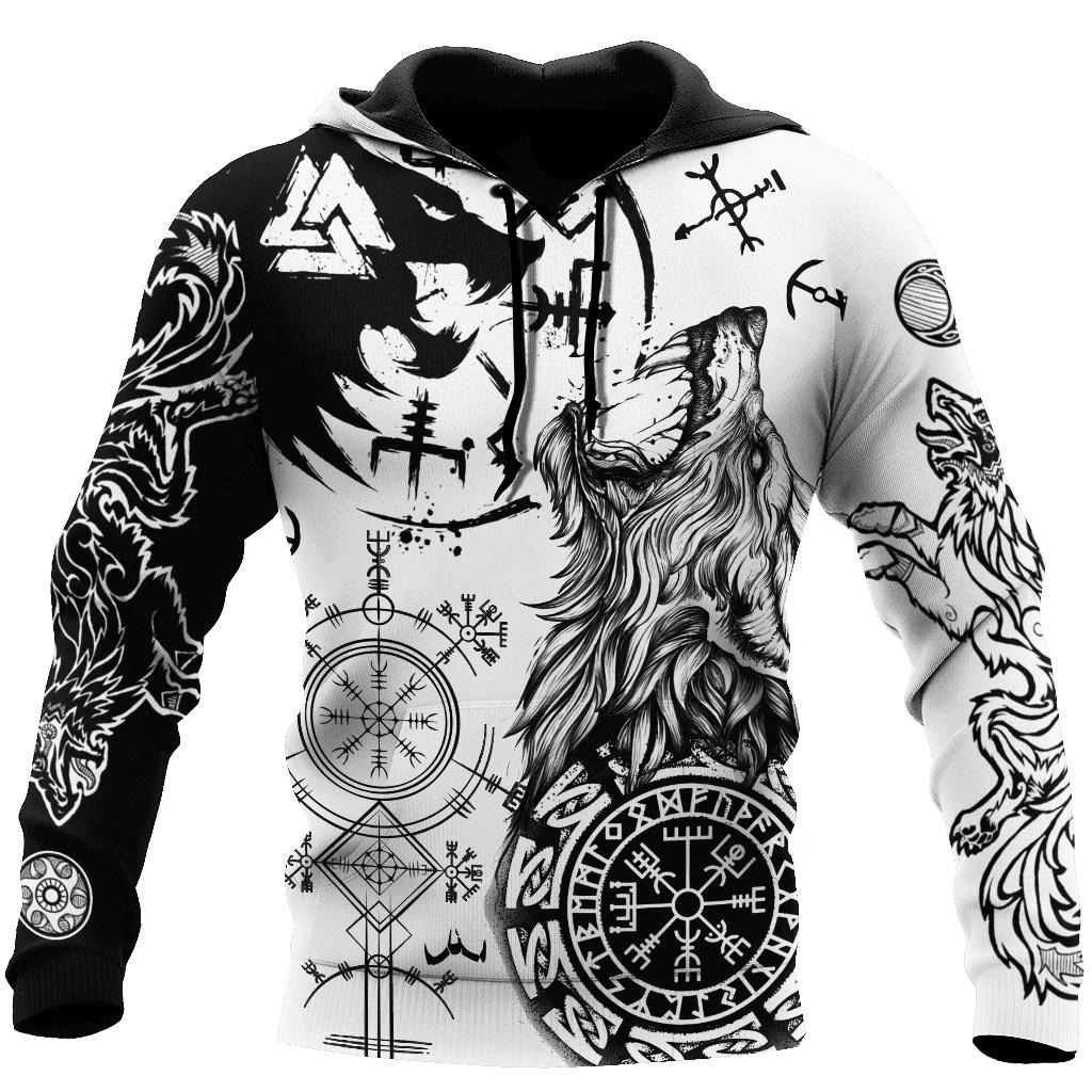 Factory Outlet Clothing Viking Wolf Tattoo Vegvisir Zwart Wit 3D All-over bedrukte herenhoodie en sweatshirt, unisex casual herfsttrainingspakken