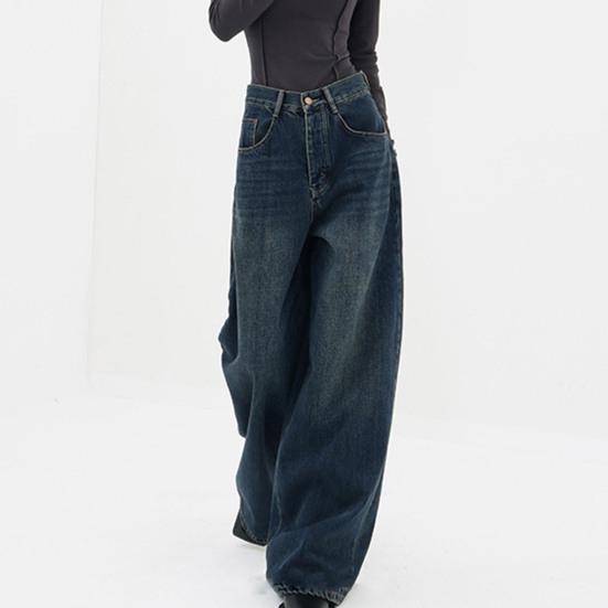 Lixuanheng Vrouwen Retro Jeans Hoge Taille Rechte Wijde Pijpen Lange Broek Zakken Donkere Kleur Oversized Denim Broek Streetwear