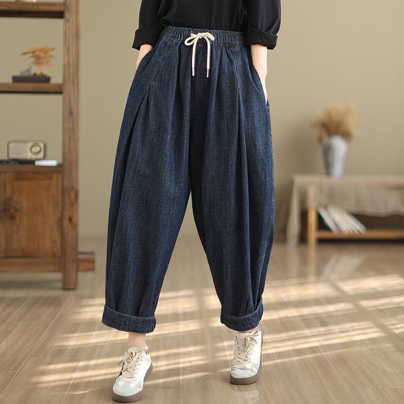 Dimanaf 2024 Plus Size Women Jeans Pants Vintage Denim Harem Basic Female Elastic Solid High Waist Trousers Oversize Drawstring New Pants
