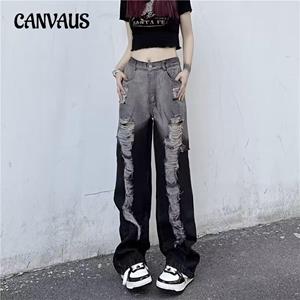 CANVAUS Vintage Jeans for Women Plus Size Pant Summer Hole High Waist Straight Trousers Loose Wide Leg Trousers