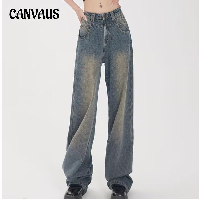 CANVAUS Vintage jeans met wijde pijpen voor dames, lente, herfst en winter, losvallende broek met hoge taille, sleepbroek