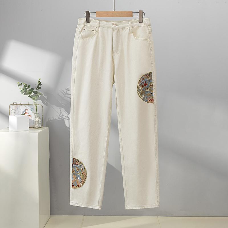 Dimanaf 2024 Plus Size Jeans Long Pants Women Denim Chinese Style Loose Embroidery Loose Casual Basic Black White Trousers Pants 4XL